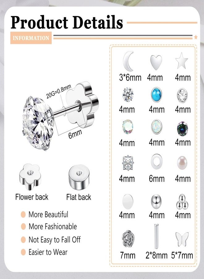 Staligue 18-Pair Hypoallergenic Surgical Steel Earrings Set - 20G Flat Back Studs with CZ, Opal, Moon & Floral Designs for Sensitive Ears & Cartilage Piercing（Silvery） - Image 2